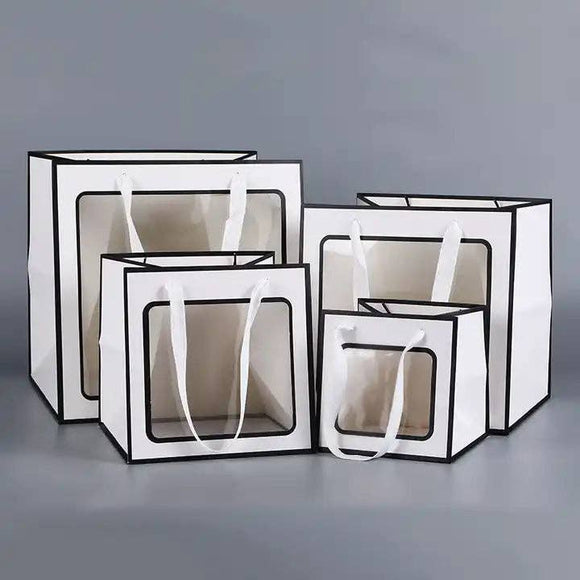 Cube Window Kraft Flower/Gift Bag: White with black borders / Medium