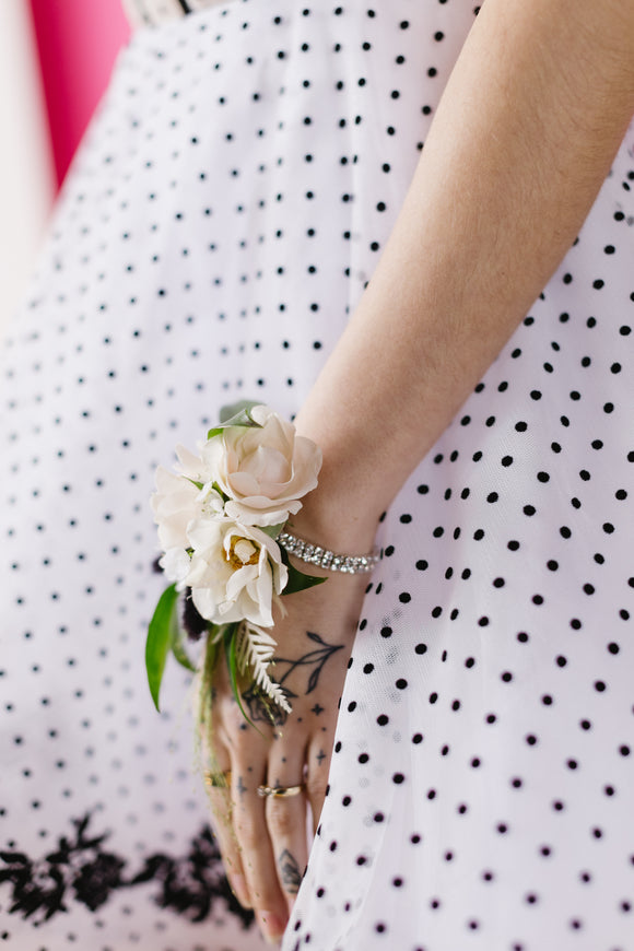 Wrist Corsage on Rhinestone bracelet - Rose and Vine Florals