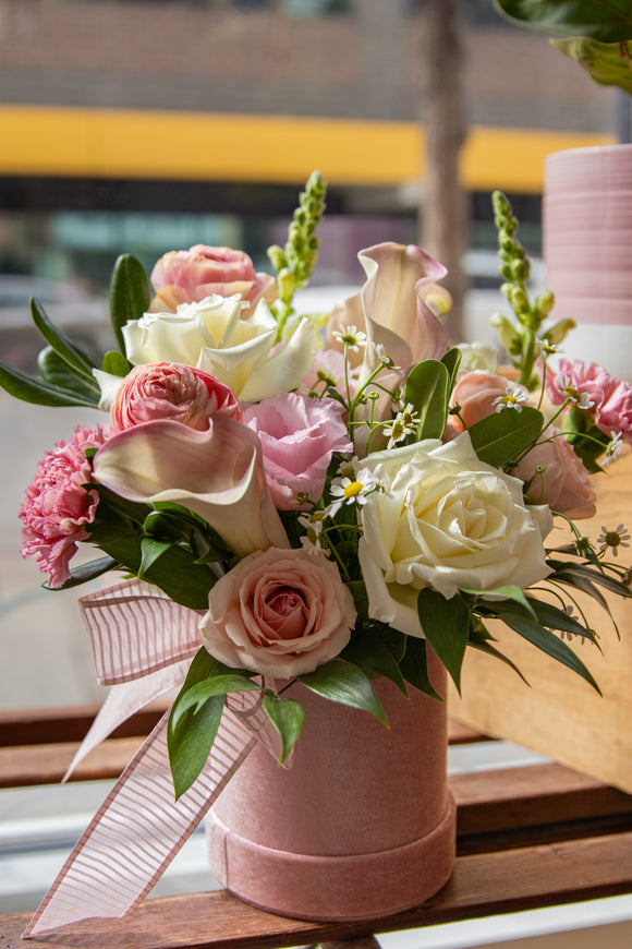 Blush and Champagne Hat Box Arrangement