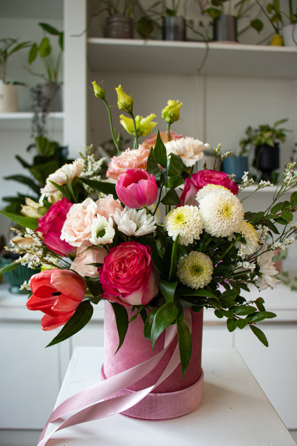 Pink Velvet Hat Box Arrangement