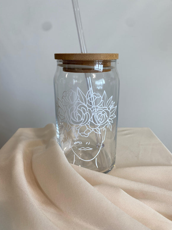 Handmade Glass Tumbler - Woman Flower Head 16 oz.