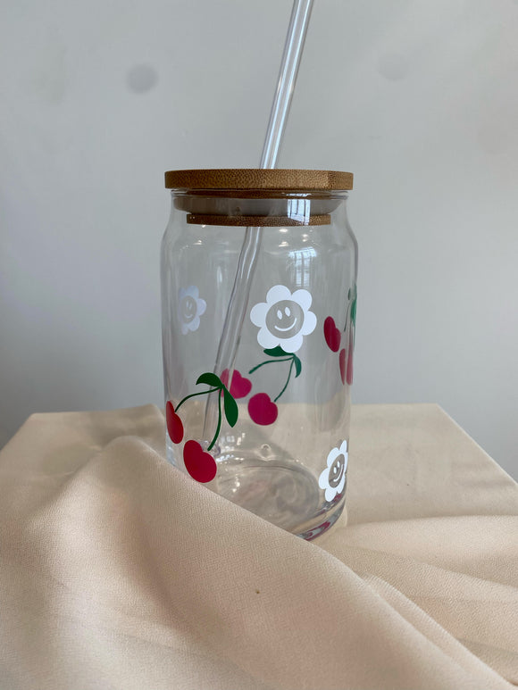 Handmade Glass Tumbler - Cherries and Smileys 16 oz.